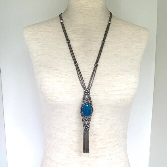 FUAT Jewelry - VTG Silver 950 FUAT Blue Quartz Turkish Triple Foxtail Chain Tassel Necklace 49g